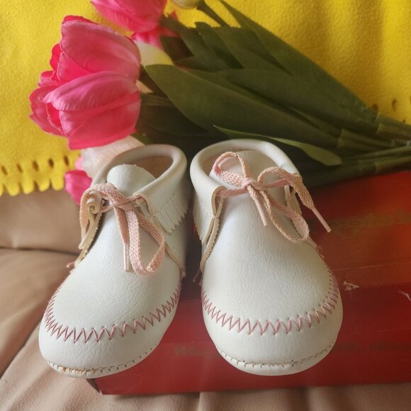 Other - Brand New Baby Moccasins White with pink trim & laces and white fringe